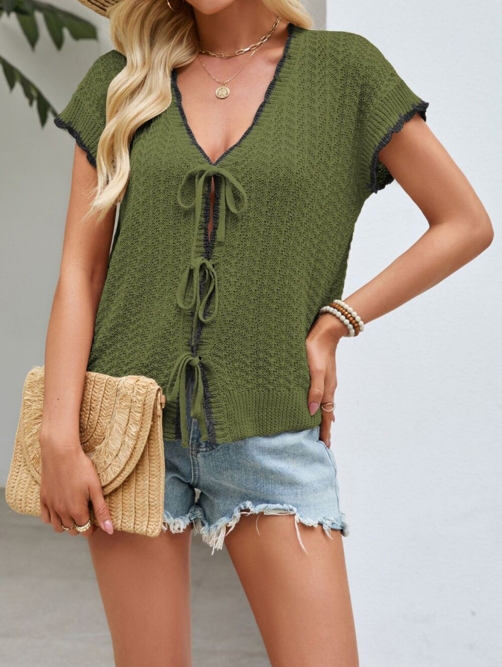 Olive Knit Tie-Front Top - Women